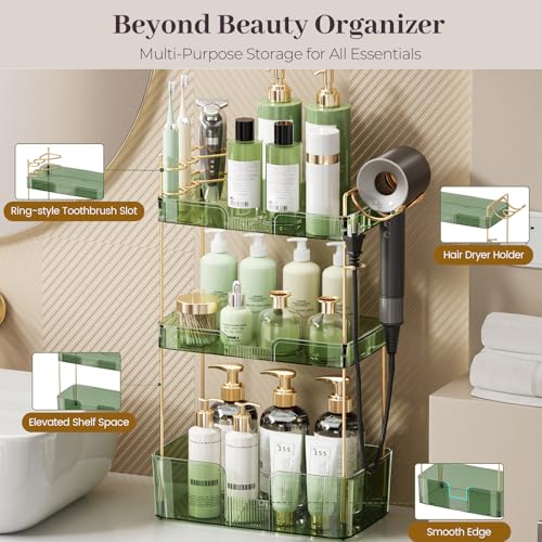 Aveniee Bathroom Counter Organizer,3 Tier Skincare Perfume Countertop Storage with Hair Dryer Rack and Toothbrush Holder, Cosmetic Makeup Tray for Vanity - Green - color: Gem Green, size: 3 Tier-New