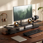 2-Tier Dual Monitor Riser with 6-Port Hub – 39.4" Extra Wide Solid Wood Plywood Desk Stand for Dual Monitors, 30w Fast Charging USB C/A Ports, Heavy Duty Desk Organizer, Black Wood Grain Finish