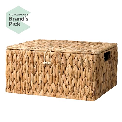 StorageWorks Large Water Hyacinth Baskets for Organizing, Wicker Basket with Lid for Shelves, Storage Basket with Lid and Built-in Handles, 1 Pack - color: Natural(Water Hyacinth), size: 15"L × 11"W × 7"H