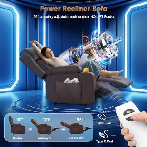 Home Theater Seating Power Recliner Chair, Massage Reclining Sofa with Cup Holders, Wall Hugger RV Recliners,145° Adjustable Recline & Pockets for Movie Room(Brown, Single Chair) - color: Brown, size: Single Chair 34''