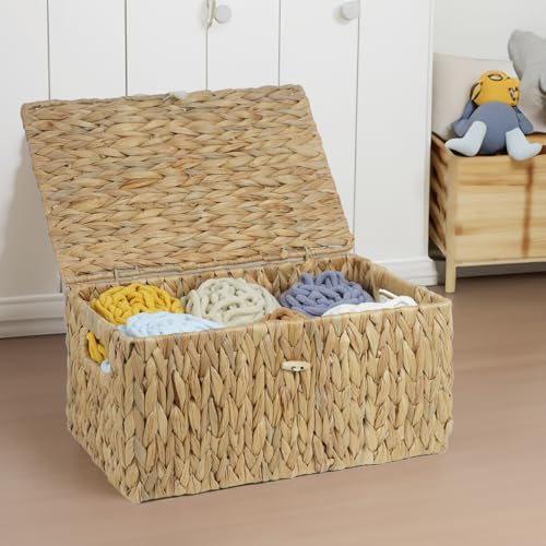 ORDELITE Large Wicker Basket with Lid, Rectangular Water Hyacinth Storage Baskets for Organizing, Woven Basket for Storage, Decorative Boxes Bins with Lids Home Organizer Decor - size: 14.2" x 9.4" x 7"