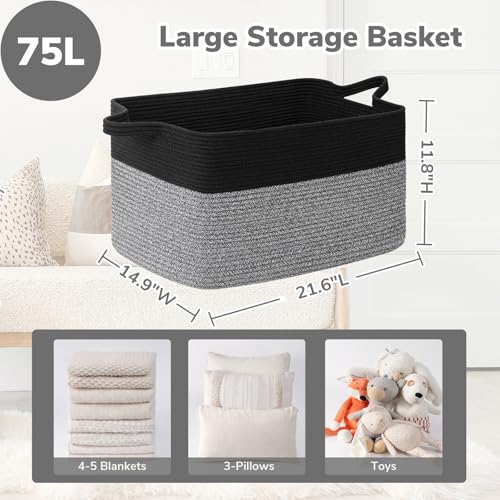 Goodpick Large Woven Blanket Basket 21.6" x 14.9" x 11.8" Storage Baskets for Organizing, Rectangle Baby Toy Bins for Kids Organizer Living Room Bedroom, Black & Gray - color: Black & Gray, size: Large(21.6"L x 14.9"W x 11.8"H)