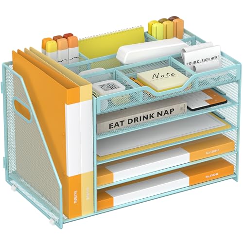 5 Tier Paper Letter Tray with File Holder and 3 Drop-in Pen Holders, Mesh Desk File Organizer with Handle, Desk Organizers and Accessories for School,Home, Office Supplies Storage-Blue - color: 5 Tier with File Holder-Blue, size: 15.4" x 9.1" x 10.3"