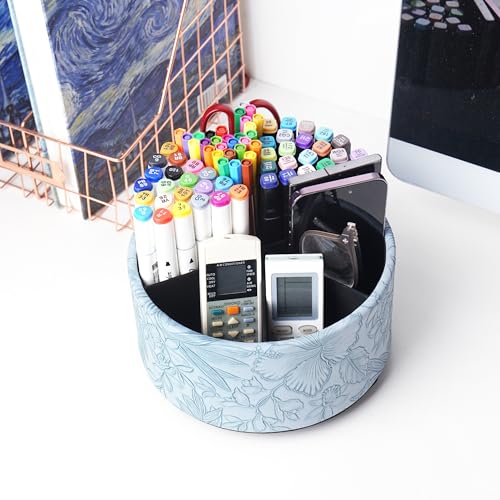 Hennaja Remote Control Holder, 360°Spinning PU Leather Desk TV Remote Caddy,Desk Storage Box Room Accessories for Controller, Media,Mail,Calculator, Mobile Phone,Pencil(1-Carved Blue) - color: 1-Big Carved Blue
