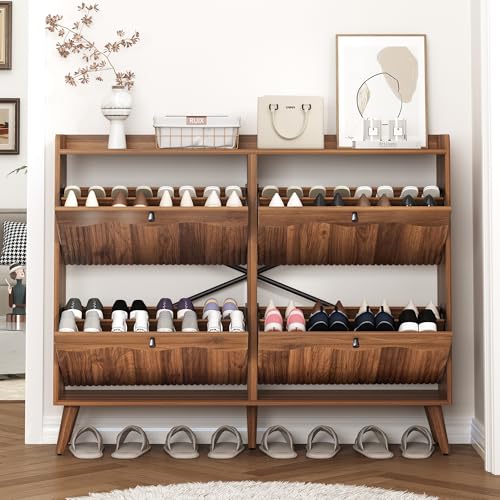 Bifins Shoe Storage Cabinet with 4 Wavy Fluted Flip Drawers, Modern 47.2” Wide Hidden Narrow Shoe Rack Cabinet for Entryway Foyer Hallway (Walnut 4 Drawer) - color: Walnut 4 Drawer