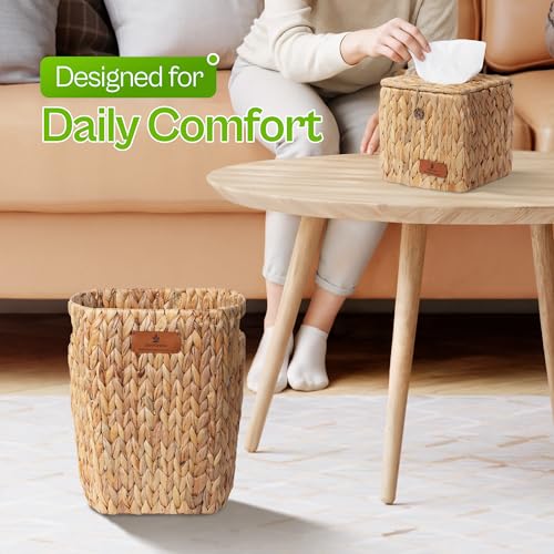 Handwoven Water Hyacinth Decorative Basket, Small Bathroom Trash Can 10L, Open-Top Woven Organizer for Bathroom, Bedroom & Living Room, Natural Fiber, 11 Inch - size: 11 Inch (28 cm), style: Bathroom Trash Can