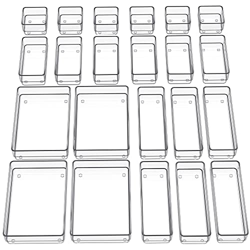 SMARTAKE 22-Piece Drawer Organizer with Non-Slip Silicone Pads, 4-Size Clear Desk Drawer Organizer Trays Storage Tray for Makeup, Jewelries, Utensils in Bedroom Dresser, Office and Kitchen, Clear - size: Large