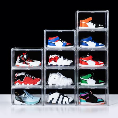12 Pack Shoe Boxes, Clear Acrylic Stackable Plastic Sneaker Box Container, Magnetic Drop & Side Open Shoe Organizer Case Container With Lids Fits Up to Size 15(Transparency) - color: Transparency