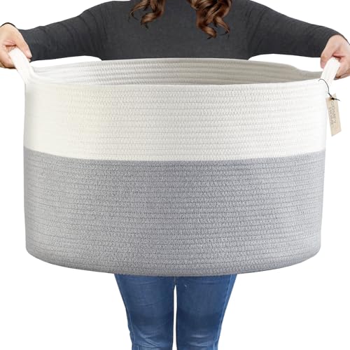 COMFY-HOMI XXXL Large Laundry Basket, Cotton Rope Nursery Woven Basket for Storage, Blanket Baskets Living Room Laundry Hamper, Dog Toy Storage Organizer, Home Decor-21''x21''x13.6''-White/Grey - color: grey