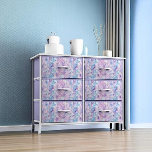 Sorbus Kids Dresser with 6 Drawers - Storage Chest Organizer Unit with Steel Frame, Wood Top & Handles, Tie-dye Fabric Bins for Clothes - Wide Furniture for Bedroom Hallway Kids Room Nursery & Closet - color: Purple Tie Dye, style: 6-Drawer