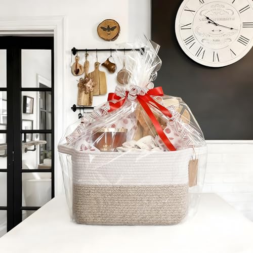 Goodpick Woven Storage Basket, Cotton Rope Basket for Dog Toys, Books, Stylish Gift Basket with Handles, 13 x 10 x 9 Inches Square Baskets for Organizing, Brown and White - color: Light Brown, size: 13"L x 10"W x 9"H