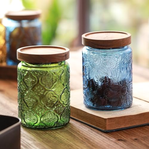 ANSQU Vintage 23.7oz Glass Mason Jar with Solid Wood Lid - Decorative Storage Canister for Tea, Coffee, Cookies, Candy, Bath Salts, Laundry Detergent - Kitchen & Bathroom Organizer (Blue, 1 Pack) - color: Blue, size: 23.7 Ounces