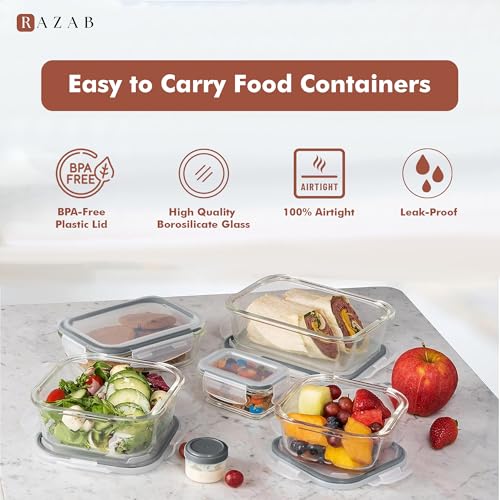 Razab 35 Pc Set Glass Food Storage Containers with Lids - Meal Prep Airtight Bento Boxes BPA-Free 100% Leak Proof (15 lids,15 glass & 5 Plastic Sauce/Dip Containers) - color: Gray