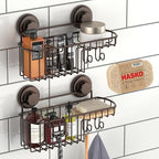 HASKO 2 Pack Shower Caddy Suction Cup with Hooks & Soap holder, Includes 2 Soap Savers, Shower Shelf, Bathroom Storage Organizer, Rustproof Shampoo Holder, Bronze - color: Bronze (2 Pack)
