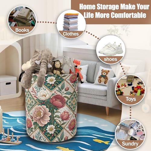 Elegant Floral Laundry Basket,Waterproof Foldable Vintage Peonies Roses Laundry Hamper,Dirty Clothes Basket, Linen Bin Storage Organizer Collection 16" x 20.8" - color: Elegant Floral,Vintage Peonies Roses
