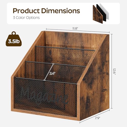 YATINEY Magazine Holder, Wood Magazine Rack Floor, Mail Organizer Countertop, Magazine Mail Holder Sorter, Record Holder for Magazines, Books, Newspapers, Tablets, Rustic Brown and Black MR02BR - color: Rustic Brown + Black