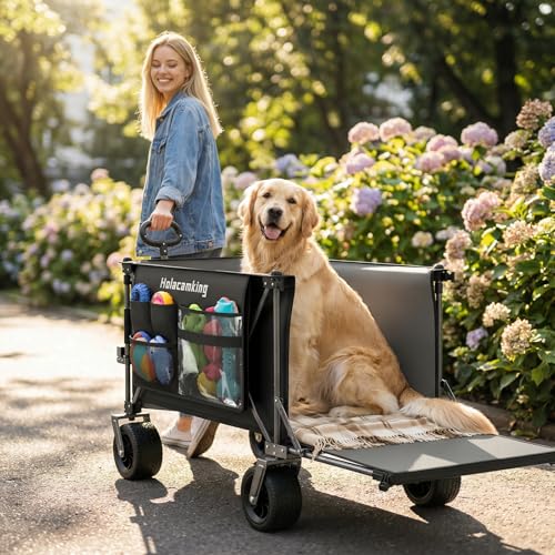 58”L Extender Collapsible Wagon, Extra Long Foldable Wagon Cart with Extended Tailgate, Heavy Duty Rolling Utility Cart with All-Terrain Big Wheels for Shopping Sports Beach, Black - size: 240L
