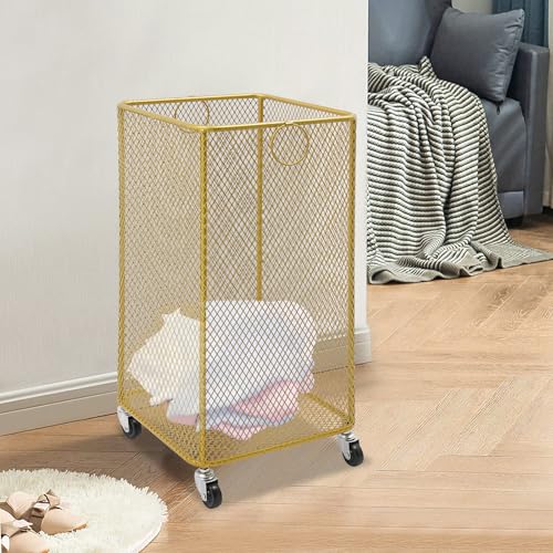 Metal Laundry Storage Cart - Square, Mesh Wire Rolling Laundry Hamper with Wheels & Ring Handles, Clothes or Linen Storage Organizer Hamper Bin Laundry Basket, 12"L x 12"W x 22"H, Gold - color: Gold, size: Square - 12"W