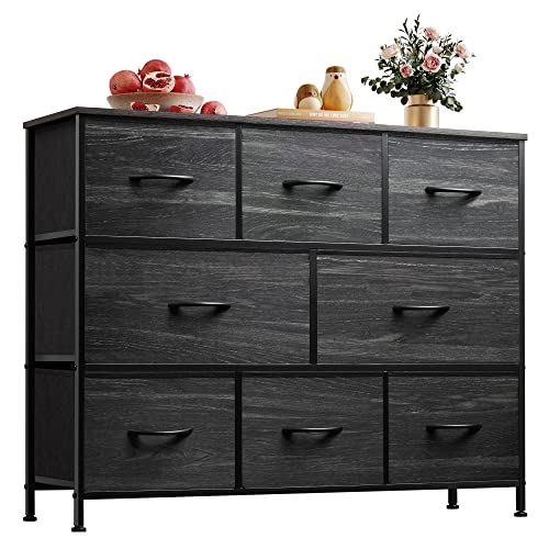 WLIVE 8 Drawer Dresser for Bedroom, Fabric Black Dresser with Large Storage Drawer Unit for Entryway, Chest of Drawers for Living Room - color: Charcoal Black Wood Grain Print, style: Large 8 Drawers