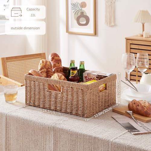 OIAHOMY Wicker Storage Basket, Rectangular Paper Rope Shelf Baskets with Built-in Handles, Woven Decorative Organizer for Pantry, Shelves, Living Room and Bathroom, 1-Pack Natural - color: Natural