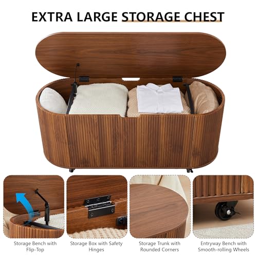 Fluted Storage Bench with 4 Wheels, 43.3” Oval Storage Chest with Safety Hinges, Modern Wooden End of Bed Bench, Large Storage Trunk Toy Chest with Lift Top for Entryway Bedroom Living Room, Walnut - color: Walnut