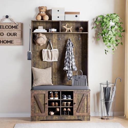 71" Hall Tree with Bench and Shoe Storage, Entryway Hall Tree with 2 Doors and 6 Adjustable Shelves, Cushioned Storage Bench with Coat Rack for Hallway, Living Room, Mudroom - color: Rustic Brown