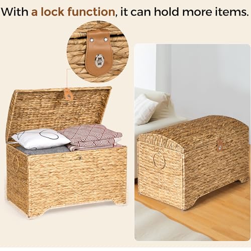 Handwoven Storage Basket with Lid, 178L Wicker Storage Bin, Natural Water Hyacinth, Leather Buckle & Metal Frame, Metal Ring Handles for Easy Transport, Storage Chest & Trunk for Bedroom, Living Room - color: Natural Water Hyacinth, size: 178L-Arched Lid