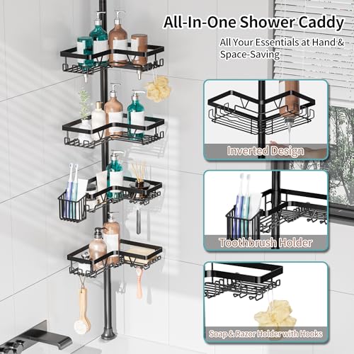 KEGII Shower Caddy Corner Tension Pole with Toothbrush Holder - Adjustable Corner Shower Organizer with Tooth Brush Holder, No Drilling Rustproof Bathroom Shelf Storage Rack, Fits 25-114.2 Inch - color: Black