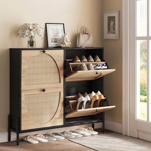 IRONCK Rattan Shoe Cabinet Storage with 4 Flip Drawers, Freestanding Shoe Storage Organizer Cabinet for Entryway, Narrow Shoe Rack Cabinet, Black - color: Black