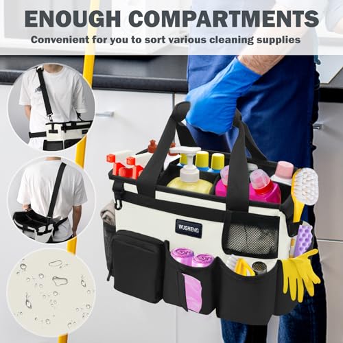 Wearable Cleaning Caddy Bag,Cleaning Supply Tote for Cleaning Supplies, Cleaning Organizer with Adjustable Shoulder and Waist Straps for Cleaners Housekeepers (Black-White, Large) - color: Black-White, size: Large