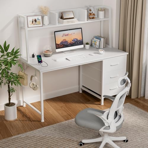 DLisiting White Computer Desk with Hutch & Drawers - 47 Inch Modern Study Writing Office Desk with 3 Storage Drawers and Power Outlets for Bedroom Home Office - color: White