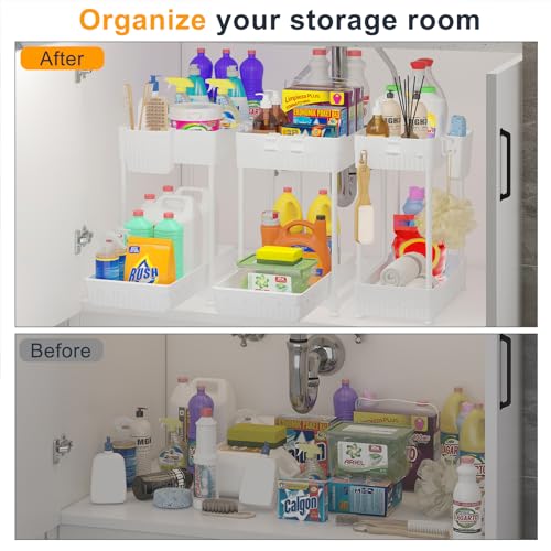 Sevenblue 3 Pack Under Sink Organizers, 2-Tier Multi-Use Kitchen and Bathroom Organizers and Storage with Sliding Drawers, Bathroom Cabinet Organizer (White, 12.8 Inch) - color: White, size: 12.8 Inch