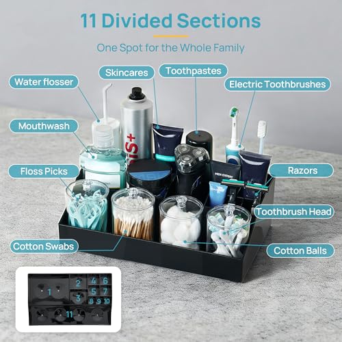 Vtopmart 5 PCS Bathroom Countertop Organizer, 1 Divided Tray with 4 Qtip Holder Jars, Restroom Clear Organizers for Toothbrush, Cotton Pads Balls, Floss, Bathroom Vanity Accessories Storage Set, Black - color: Black