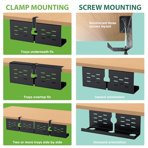 KEEGH 16'' Under Desk Cable Management Tray, No Drill Clamp/Screws Mount, Sturdy Metal Cable Tray for Place Power Strip, Cord Management Tray for Home Office, Gaming Desk, Standing Desk, 1 Pack, Black - color: Black, size: 1 Pack