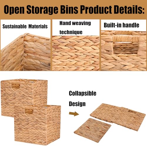 Wicker Storage Basket Foldable Hyacinth Storage Box Set of 2, 12x12x12 Inch - Handmade Woven Basket for Closet,Shelf Organization & Decor