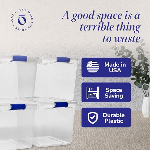 HOMZ 4-Pack 31 Quart Latching Lid, Clear Plastic Storage Organizer Bins, Blue – Stackable Containers for Home & Office Shelves, Kitchen, Garage, and Bathroom Organization - color: Blue, size: 31 QT (4 Pack)