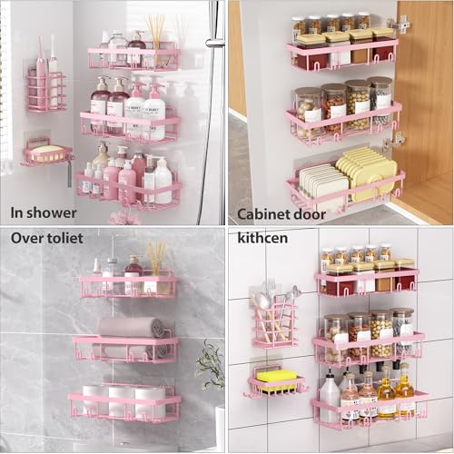Liuoud 10 Pack Shower Caddy Organizer Rack Shelf for Inside Shower, Self Adhesive Wall Storage Basket Rustproof Stainless Steel Shampoo Holder Bathroom Accessory Decor Set, Pink - color: Pink