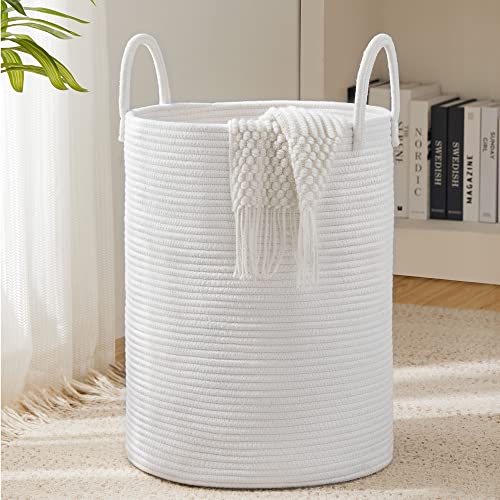 Woven Rope Laundry Hamper Basket by YOUDENOVA, 58L Tall Laundry Basket, Baby Nursery Hamper for Blanket Storage, Clothes Hamper for Laundry in Bedroom-Large-Pure White - color: Pure White, size: Tall (58L )