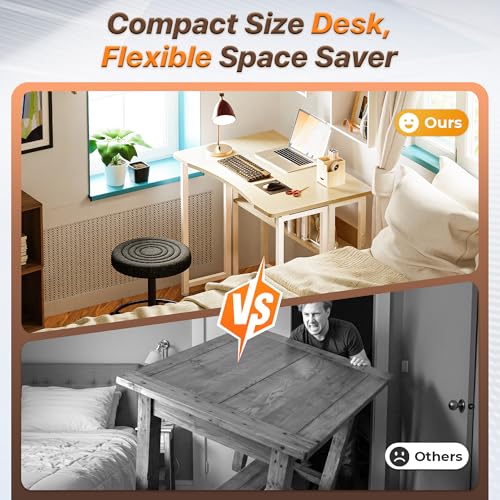 Huuger Folding Desk with Storage Shelf, 31.5 Inch Foldable Computer Table for Small Spaces, Space Saving Sofa Table for Couch, Writing Work Office Computer Desk, Easy to Fold, Oak - color: Oak, size: 18.5"D x 31.5"W