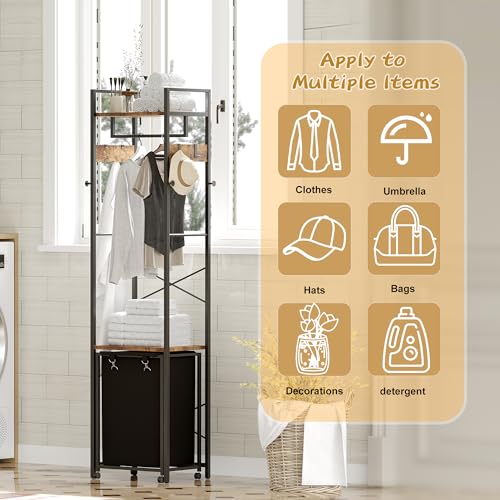 Coat Rack with Laundry Basket, Laundry Hamper Freestanding Hall Tree, Clothes Rack with Storage Shelves, 14.5 Gal Removable Bags on Wheels, Black and Brown JLH005SR - color: Black and Brown