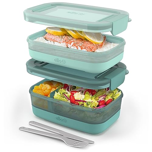 Ello 2-Pack Lunch Stack Plastic Food Storage Container Bento Box with Airtight, Leak-Proof Locking Plastic Lids and Silicone Base, BPA-Free, Freezer, Microwave, and Dishwasher Safe, Mint Chip - color: Mint Chip