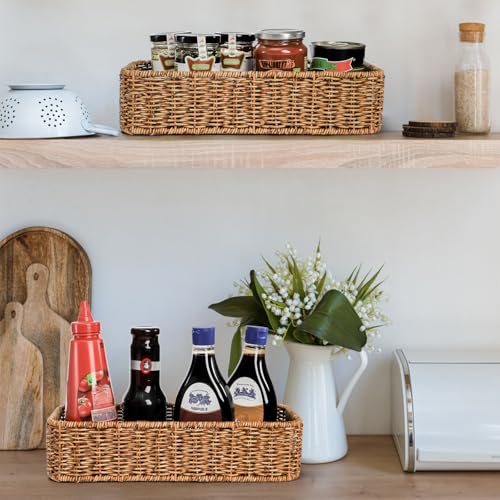 ZAVOOS 2 Pack Toilet Tank Basket, Handwoven Rectangular Wicker Shelf Baskets for Organizing, Decorative Countertop Storage Bin with Built-in Handle for Bathroom Tank Top, Bedroom Closet