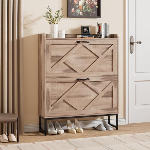 Nicetree Shoe Cabinet with 2 Flip Drawers，Freestanding Shoe Storage Cabinet, Narrow Shoe Organizer Cabinet, Farmhouse Slim Shoe Rack Cabinet for Entryway,Toasted Oak - color: Toasted Oak, style: 2-Drawers