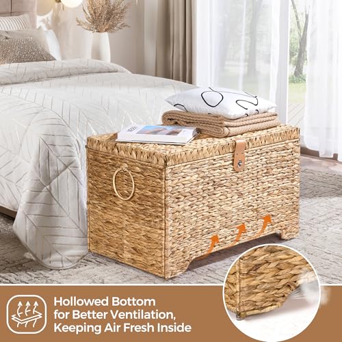 Handwoven Storage Basket with Lid, 165L Wicker Storage Bin, Natural Water Hyacinth, Leather Buckle & Metal Frame, Metal Ring Handles for Easy Transport, Storage Chest & Trunk for Bedroom, Living Room - color: Natural Water Hyacinth, size: 165L-Flat Lid