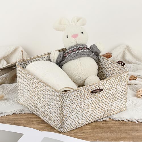 Hipiwe Wicker Shelf Basket Bin Square Handwoven Seagrass Storage Basket with Lid Home Organize Box for Bookshelf Living Room Bath Room Multipurpose Basket Container, Whitewash Large - color: Whitewash color, size: Large
