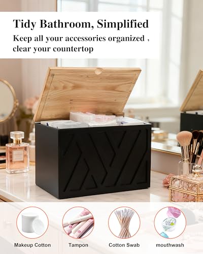 Tampon Holder for Bathroom Decor Feminine Product Organizer With Lid Shark Week Box Wooden Pad Girl Stuff Box (BLACK, lid) (1, BLACK) - color: Black