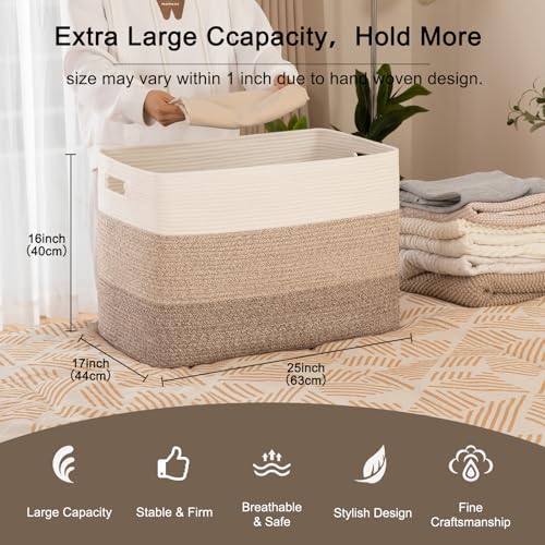 OIAHOMY 118L Extra Large Blanket Basket, Rectangle Woven Cotton Rope Storage Basket,Used for storing Dirty Clothes, Stuffed Animal Toy Storage for Living Room,Kids Room,25" x 17" x 16", Gradient Brown - color: Gradient Brown