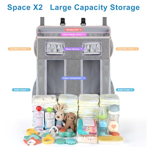 Accmor Changing Table Diaper Organizer, Hanging Diaper Caddy Organizer Stacker for Cribs Changing Table Playard Wall Baby Essentials Storage, Grey - style: Double Enlarged-Grey