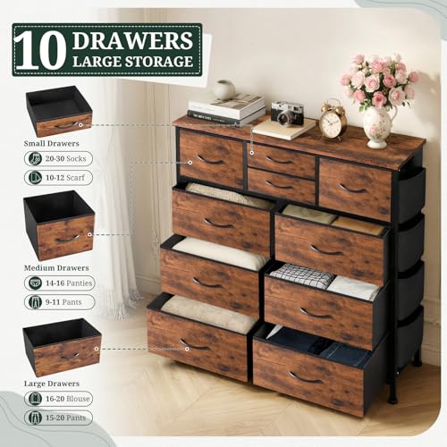 Dresser for Bedroom with Side Pockets and Hooks, 10 Drawers Storage Organizer Chest of Drawers, Sturdy Metal Frame for Living Room, Hallway, Closet, Brown - color: Brown