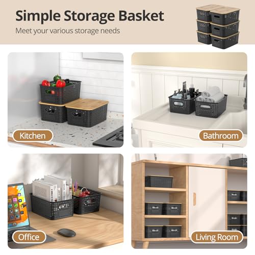 Plastic Storage Baskets with Bamboo Lids, Stackable Small Box Bins for Organizing and Containers for Shelves Drawers Desktop Closet Pantry Classroom Office Home, 6 Pack 10.2x7.2x4.1 Inch, Black - color: Black